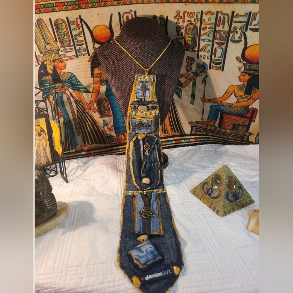 Men Or Women Denim Fabric Egyptian Necktie Necklace with Gold Accents